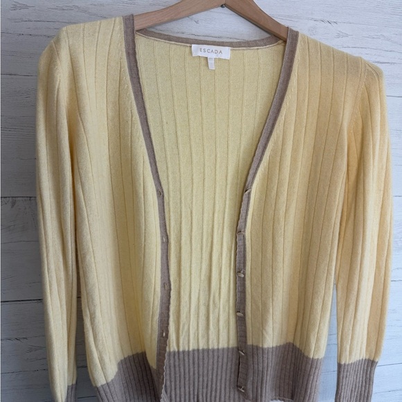VTG ESCADA Turtleneck Tank & Cardigan Set Yellow Rib Knit Italy 12 Cashmere EUC - Picture 11 of 14